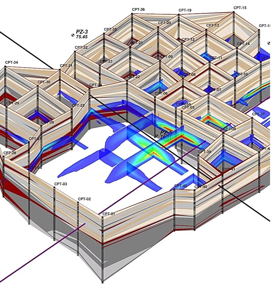 Three-dimensional subsurface fence diagram with CPT borings, stratigraphy, and semi-transparent contaminant plume volumes in blue, green, yellow, and red.