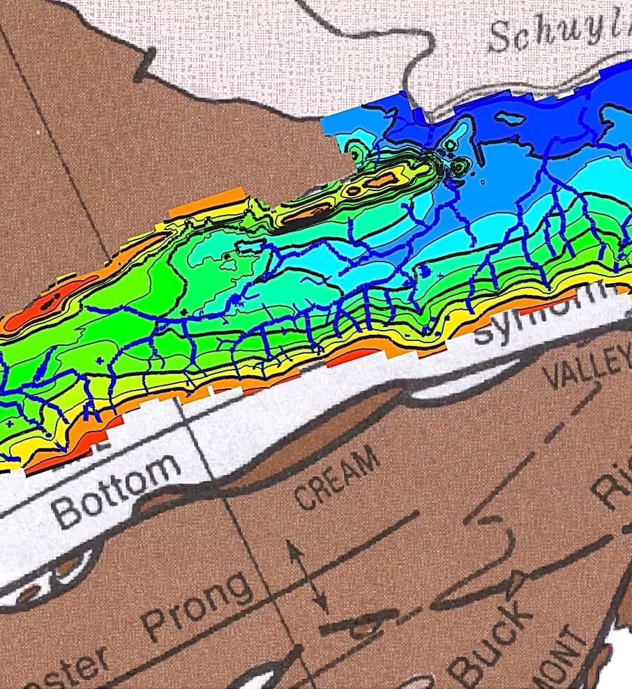 GIS map with color-coded elevation or depth contours, stream network overlay, and vintage cartographic base showing place names including Schuylkill region labels.