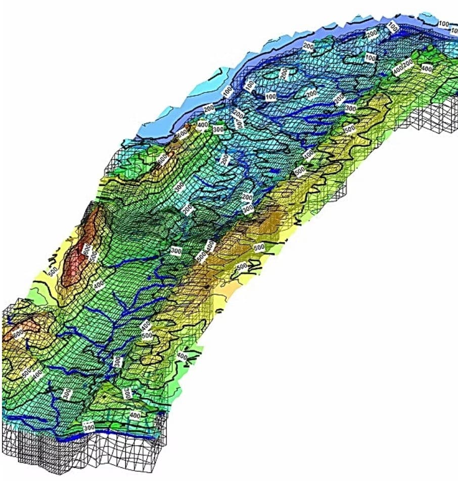 Three-dimensional digital elevation model with color-coded topography, contour lines, elevation labels, and blue drainage lines showing surface water flow paths.