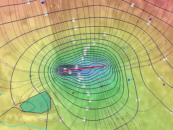 Groundwater contour map with potentiometric surface, flow directions, and monitoring locations for hydrogeologic analysis.